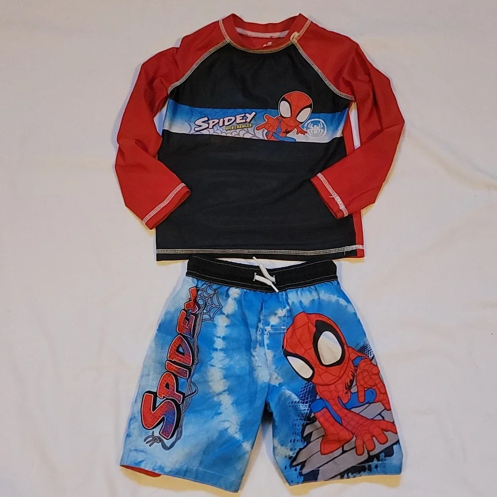 Spiderman Boys 4T Swimsuit Swim Trunks/L/S Rash Guard Shirt/Baseball Cap Spidey